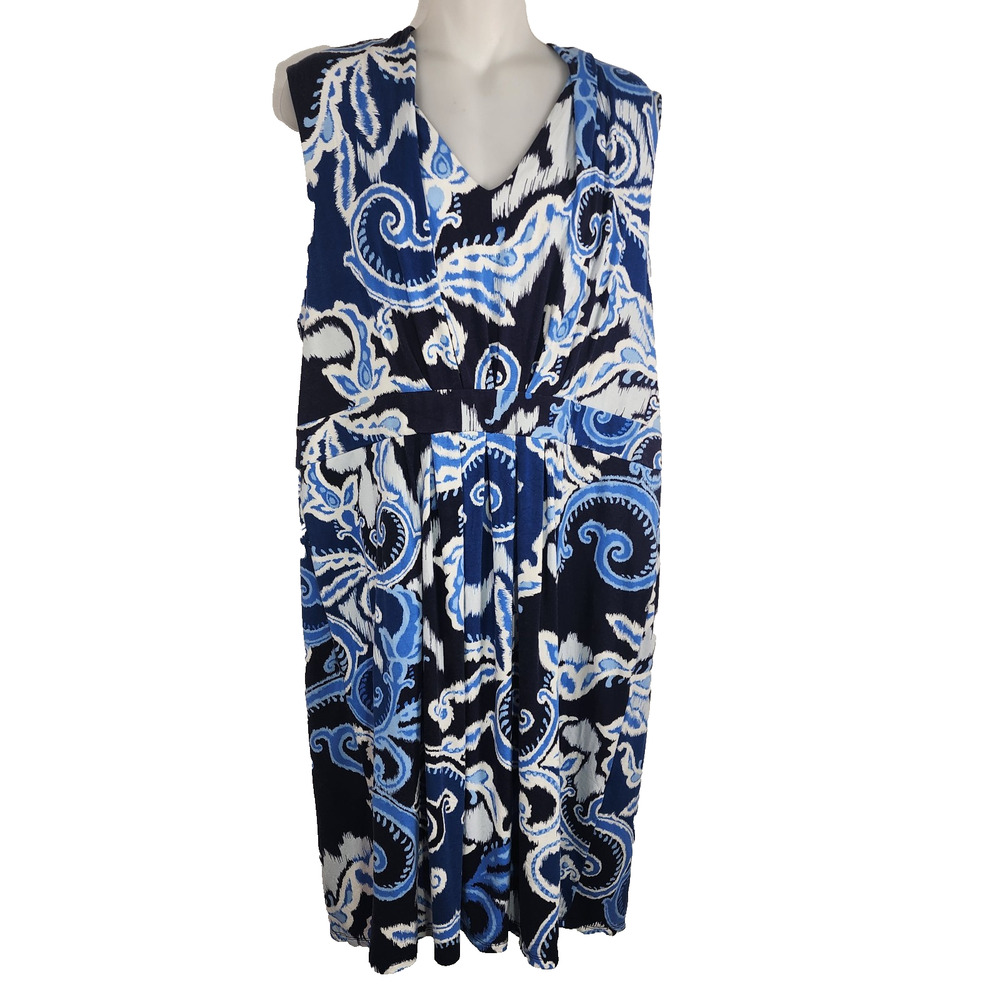 Chicos Womens Short Dress Regatta Blue Paisley Sleeveless Classic Pleated 16-18